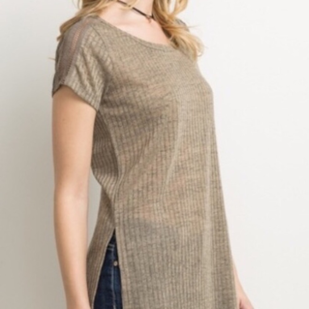 ❌DONATED❌Mystree Tan Brown Longline Lightweight Detailed Short Sleeve Tunic Top - Picture 7 of 10